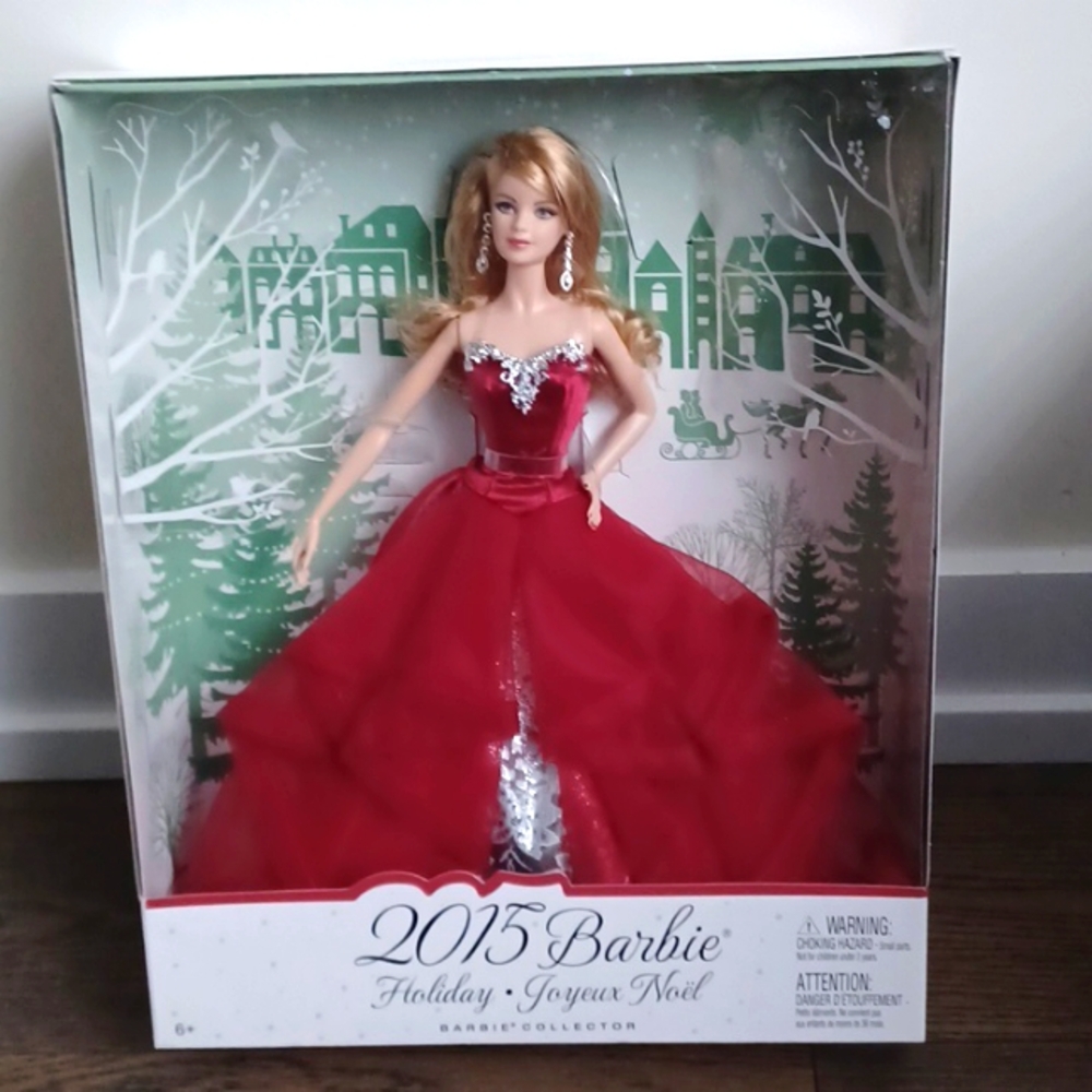 2015 Barbie Red Silvery Strapless Brocade Inset Holiday Gown Doll Mattel #CHR76